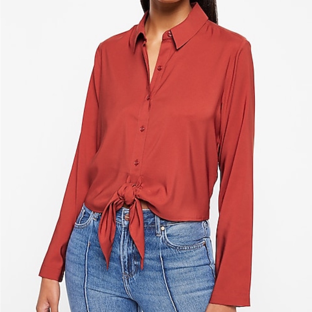 Express Burnt Orange Tie Front Relaxed Portofino Cropped Blouse Shirt XXS